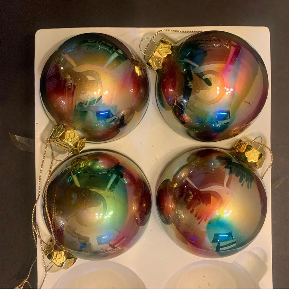 Multicolor Vintage Aurora Borealis Finish Glass Christmas Ornaments Set of 4 - Picture 1 of 3